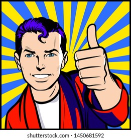 Happy smiling man shows thumbs up. Gesture, symbol or sign Like, cool, agree, approve. Retro Comic Book style cartoon, Classic Pop Art colored hand drawing, vintage vector illustration