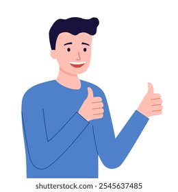 Happy smiling man shows thumbs up. gesture, symbol or sign of like, cool, agree, approve character in flat design on white background.