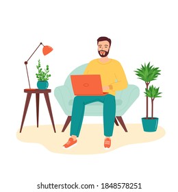 Happy smiling man sitting in the armchair with a laptop. The concept of remote work, home office, e-learning. Programming, freelancing, distance education. Isolated vector illustration