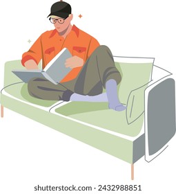Happy smiling man sitting on sofa and creating ideas. Young relaxed boy at creative work set. Joyful cartoon male character resting. Artist, author, blogger. Flat graphic vector illustration isolated