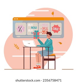 Happy smiling man sitting at table, searching for gifts in store via laptop. Online shopping concept. Black Friday discounts. Flat vector illustration in cartoon style
