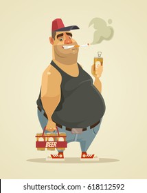 Happy smiling man smoking cigarette and drinking beer. Vector flat cartoon illustration