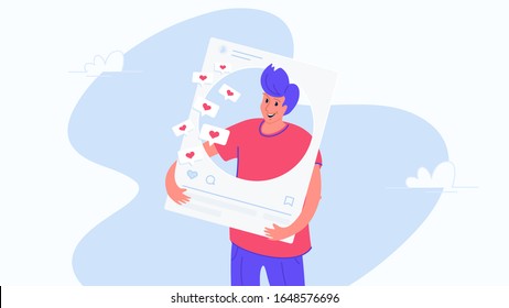 Feliz hombre sonriente y página de medios sociales. Ilustración vectorial plana de personas adictas a los "me gusta" en los medios sociales. Diseño casual del hombre de pie en la tarjeta de la foto con corazones en burbujas sobre fondo blanco