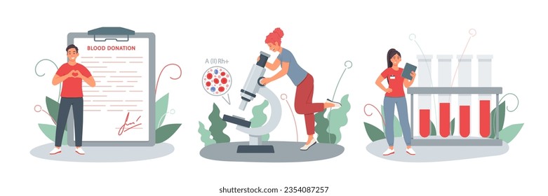 Happy smiling man standing next to document with signature. Woman examining blood group through microscope. Doctor checking blood in flask. Flat vector illustration in cartoon style