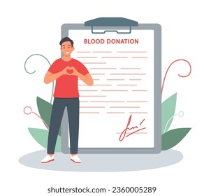 Feliz hombre sonriente parado al lado del documento con firma. Voluntarios trabajando en un centro médico. Miembros voluntarios de la organización. Impacto de la sangre para salvar vidas. Ilustración plana en estilo de dibujos animados