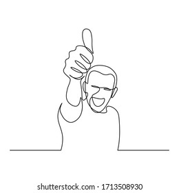 Happy smiling man with thumb up hand gesture in continuous line art drawing style. Person showing like sign minimalist black linear sketch isolated on white background. Vector illustration