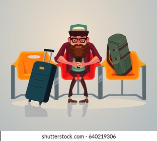 Happy smiling man tourist character waiting transport in waiting room on station and relaxing using phone internet. Vector flat cartoon illustration