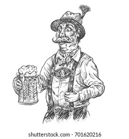 Happy smiling man in traditional bavarian clothes with leather trousers  holds oktoberfest mug of beer. German man celebrating oktoberfest. Hand drawn vector illustration, vintage engraved style