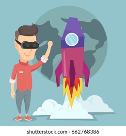 Happy smiling man in virtual reality headset flying in open space. Caucasian man wearing futuristic virtual reality glasses and playing video game. Vector flat design illustration. Square layout.