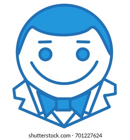 happy smiling man wearing a tux or tuxedo with white collar shirt and a bowtie, simplistic facial expression vector illustration, simple hand drawn circle shaped emoticon, funny cartoon character