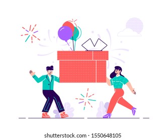 Happy smiling man and woman are carrying a large gift box. Bonus or special offer. Present. Modern flat style vector design illustration. Promotion of online store or shop loyalty program, bonus.