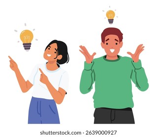 Happy smiling man and woman cartoon characters feeling inspiration generating good idea rejoicing solved question isolated on white background. People showcasing creative thinking vector illustration