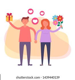 Happy smiling man and woman characters giving presents to each other. Dating relationship lovers concept. Vector flat cartoon design graphic isolated illustration