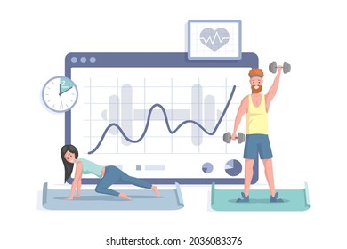 Happy smiling man and woman doing sport exercises on the background of rising graph vector flat illustration. Fitness club website, mobile application for sport and yoga. Check your progress.