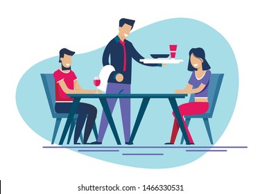 Happy Smiling Man and Woman on Dating at Restaurant. Flat Cartoon Couple Sitting at Table. Waiter Bringing Food on Tray for Girl. Guy Drinking Wine in Glass. Romantic Dinner. Vector Illustration