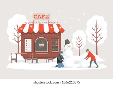 Happy smiling man and woman in warm winter clothes making snowman near winter cafe in city park covered by snow vector flat illustration. Girl and boy at Christmas holidays concept.