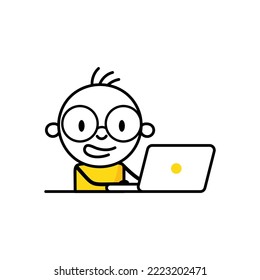 Happy smiling man working with his laptop. Freelancer or office worker. Freelance or studying concept. Vector stock illustration