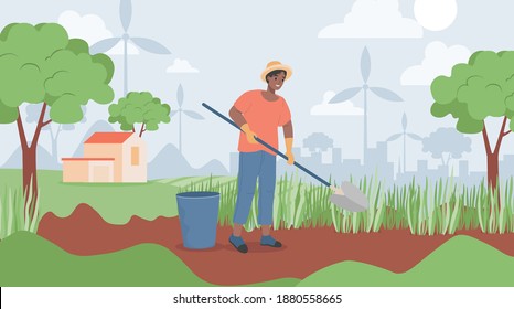 Happy smiling man in yellow hat holding shovel and digging in garden vector flat illustration. Garden job, gardening, and agriculture gardener hobby concept. Summer landscape.