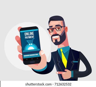 Happy smiling manager man character showing smart phone with online payment. Vector flat cartoon illustration