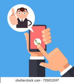 Happy smiling manager men office worker character call and showing ok sign. Vector flat cartoon illustration