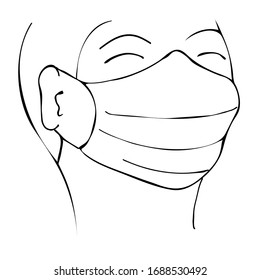 Feliz hombre enmascarado sonriente.Fin de la cuarentena. Protección respiratoria El fin de la pandemia. Dibujo vectorial.