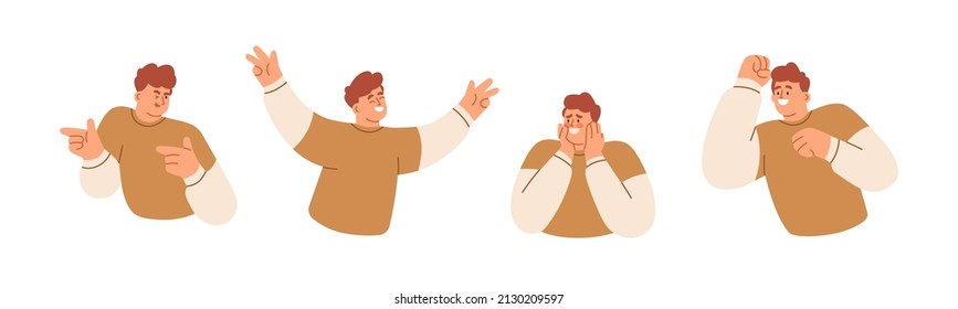 Happy smiling men set. People with good positive expressions, gestures, showing embarrassed, excited emotions. Playful, laughing, winking person. Flat vector illustrations isolated on white background