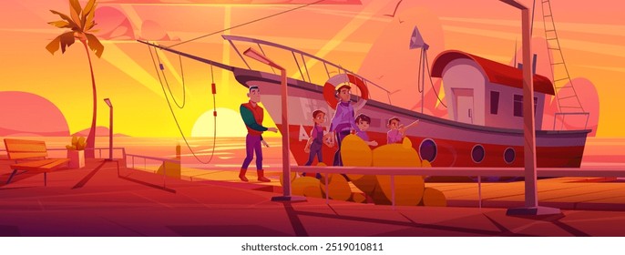 Happy smiling men and teen kids walking on wooden pier deck of sea or river shore on sunrise or sunset. Cartoon vector family or friends going along waterfront street with docked fishing boat.