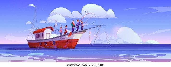 Feliz sorridente homens e adolescentes crianças turistas em barco de pesca no mar ou oceano pegando peixe com haste. Cartoon vetor família ou amigos viagem de férias de verão no navio. Pessoas com pesca à vara no iate.