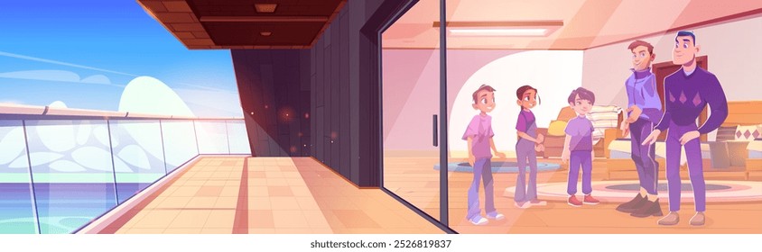 Happy smiling men and teenagers children in room interior with furniture and large balcony of house with sea view or cruise ship hotel. Cartoon vector summer ocean travel and vacation concept.