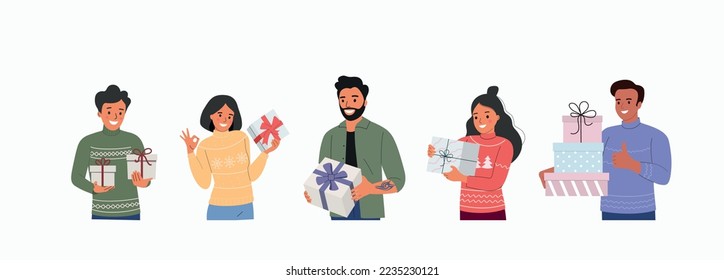 Happy smiling men and women holding  gifts boxes with ribbon. Vector flat cartoon  illustration