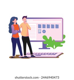 Happy smiling millennial couple  get acquainted with female real estate agent meeting together in cafe, excited husband and wifestanding of broker or banker thanking for help, and other busy in there 