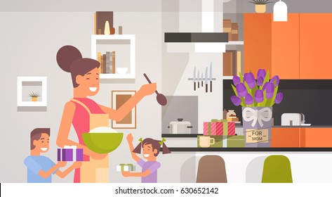 Happy Smiling Mom With Children In Kitchen Greeting Mother Day, Spring Holiday Flat Vector Illustration