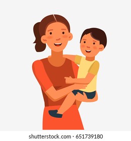 Happy, smiling mom holding her baby boy in her arms.  Happy family vector concept. Cute boy and young woman
