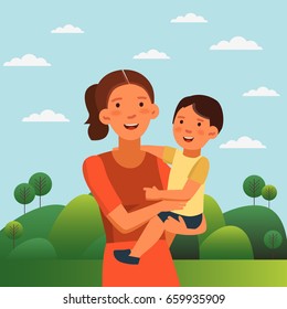 Happy, smiling mom holding her baby boy in her arms. Happy family vector concept. Cute boy and young woman. Summer landscape background