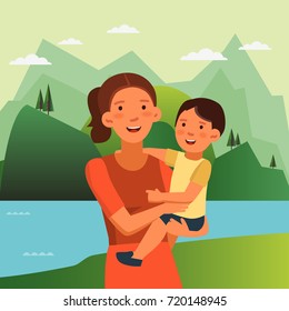 Happy, smiling mom holding her baby boy in her arms. Happy family vector concept. Cute boy and young woman. Summer mountain landscape background