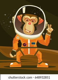 Happy smiling monkey astronaut in space suit. Vector flat cartoon illustration