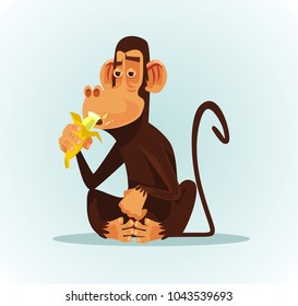 Happy smiling monkey character eating banana. Vector cartoon illustration