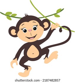 Happy smiling monkey hanging on a branch. Vector