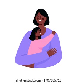 Happy smiling mother and daughter. Mother hug daughter with love and holding her in arms. Happy mothers day card. Flat cartoon vector illustration