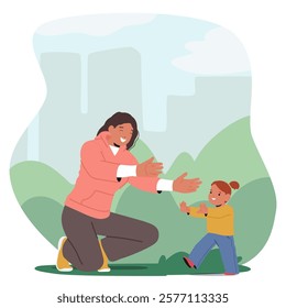 Happy smiling mother enjoying her daughter toddler kid first steps while playing outdoors in city park cartoon scene. Excited parent rejoicing baby growth and development vector illustration