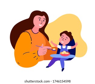 Madre feliz sonriente alimentando a su hijo jugando. Padres adultos jóvenes comiendo a un bebé sentados en la silla superior. Una mujer se comunica con un niño pequeño. La Familia Se Divierte Juntos. Ilustración de vectores planos