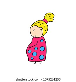 Happy smiling mother handdrawn vector on white background. Pregnant woman smiling cartoon character. Happy Mother Day clipart. Doodle illustration of pregnant woman. Happy comic character isolated.