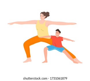 Happy smiling mother and son doing yoga exercise together. Vector illustration in cartoon style.