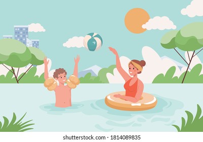 Happy smiling mother and son playing ball in lake flat illustration. Boy and woman in swimming suits swim in the pond. Summer holidays, family vacation in nature vector concept.