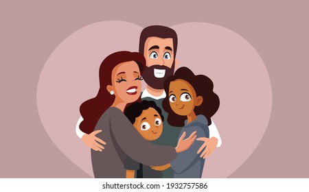 Happy Smiling Multi Ethnic Family Vector Illustration. Couple with adopted children in loving embrace 
