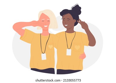 Happy smiling multicultural female volunteers. Cheerful activists community volunteering flat vector illustration