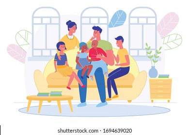 Happy Smiling Multiracial Big Family with Children Sitting on Sofa in Living Room at Home. Kids of Different Nationalities. Parents with Son and Daughters Speaking Together. Vector Illustration