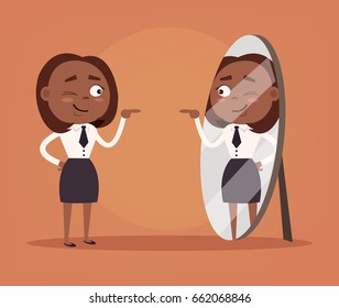 Happy smiling narcissistic black African American business woman office worker character looks at mirror. Vector flat cartoon illustration