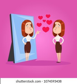Happy smiling narcissistic business woman office worker character looks at mirror and pointing finger to reflection. Self support love motivation egoistical concept. Vector flat cartoon design graphic