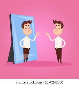 Happy smiling narcissistic businessman office worker character looks at mirror and pointing finger to reflection. Self support motivation concept. Vector flat graphic design isolated element